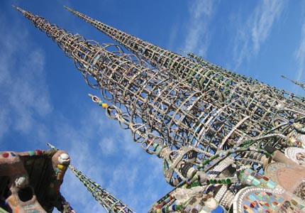 Watts Towers, a collection of monumental artwork reaching nearly 100 feet in height, in Los Angeles